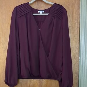 Nine Britton Burgundy Wrap Blouse with Pleated V-Neck